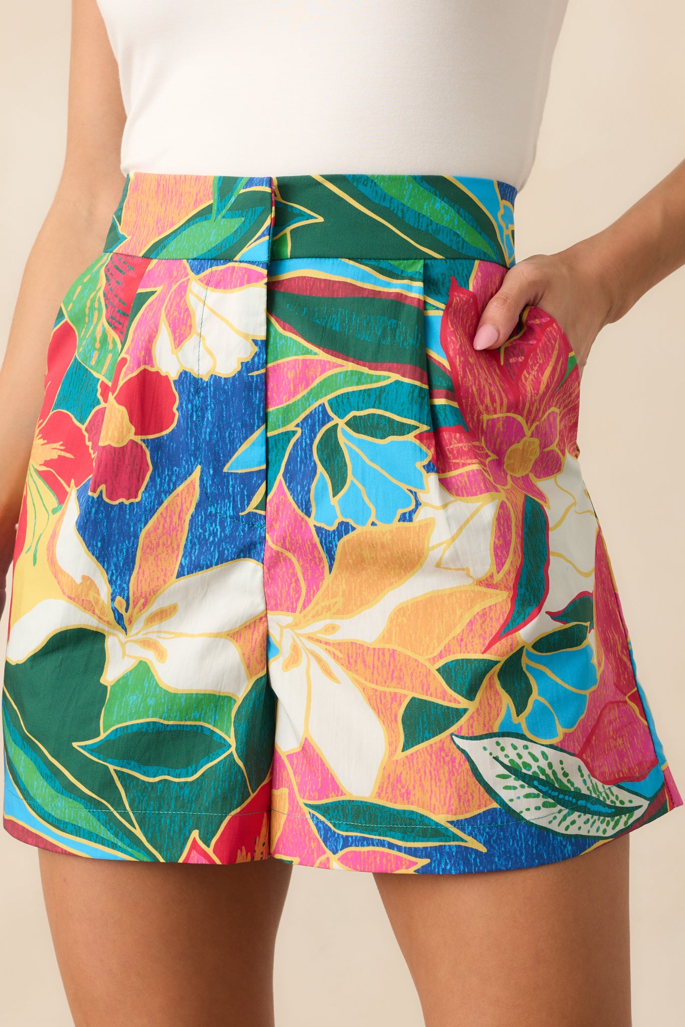 As Life Goes On Blue Tropical Print Cotton High Waisted Shorts - Image 2