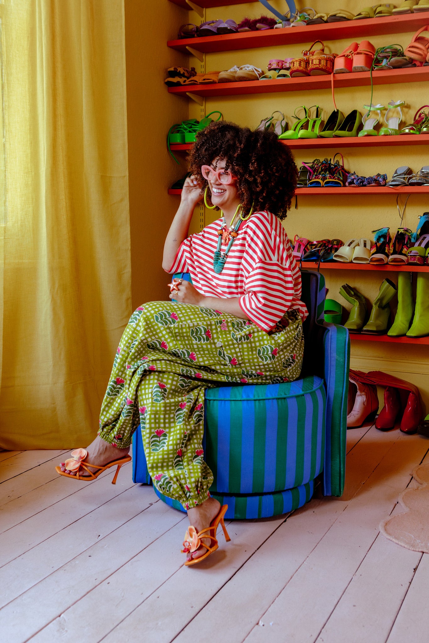 Rumi - Balloon Cotton & Linen Trousers in Blooming Green Checkerboard - Image 6