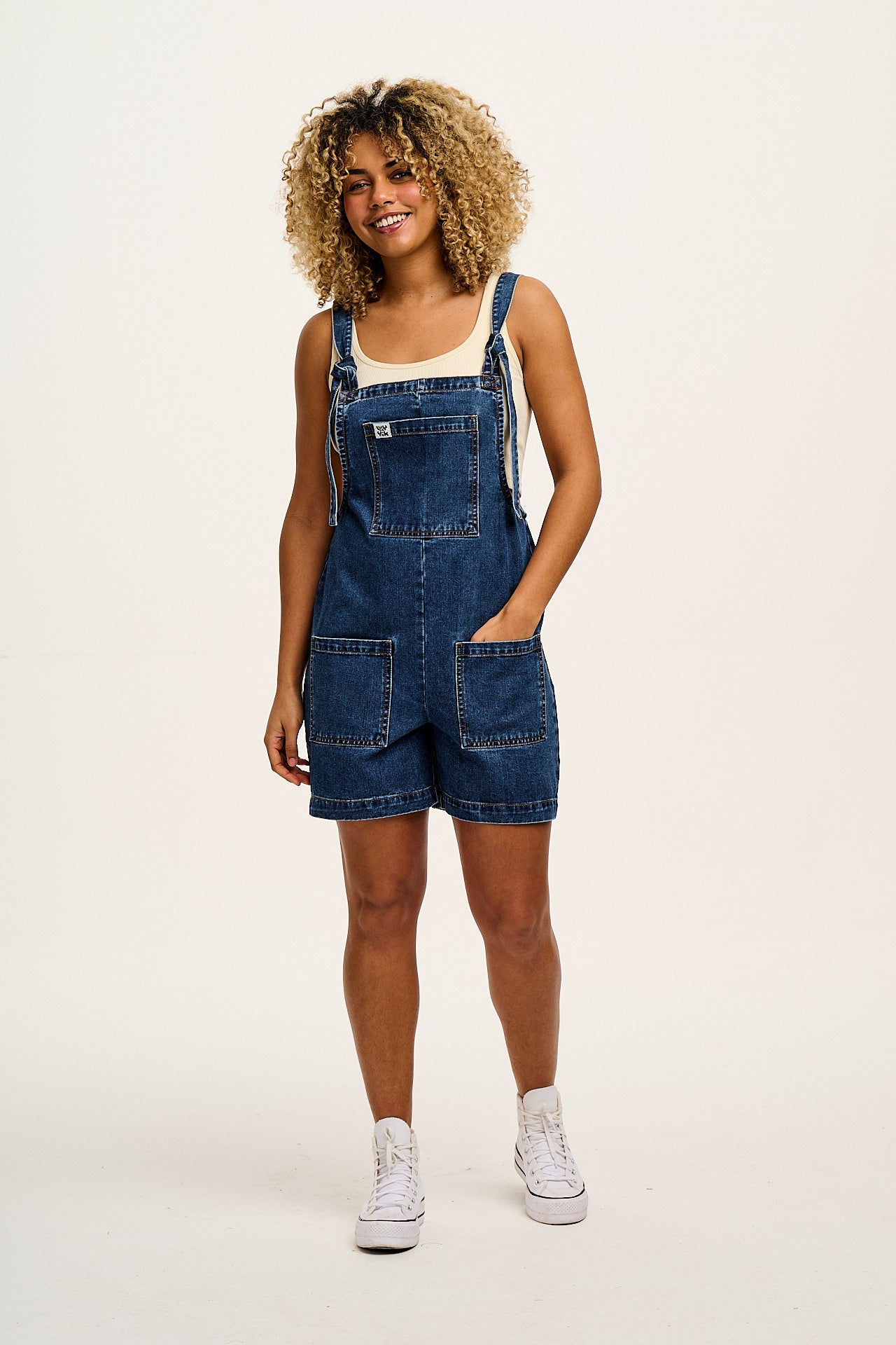 Original - Denim Dungaree Shorts in Mid Wash Blue - Image 5