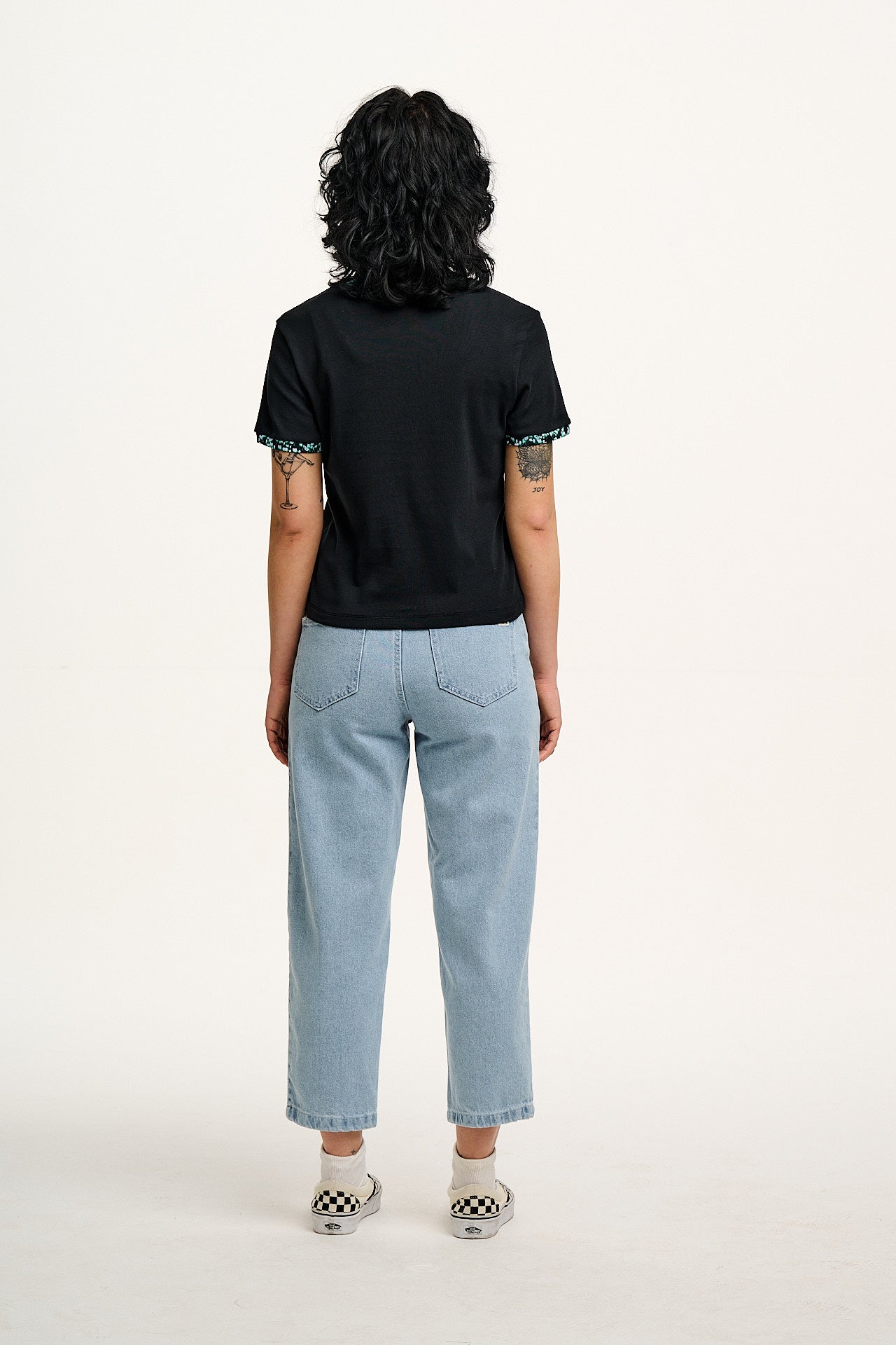 Maya - Cotton Tee in Black with Ditsy Floral Print - Image 5