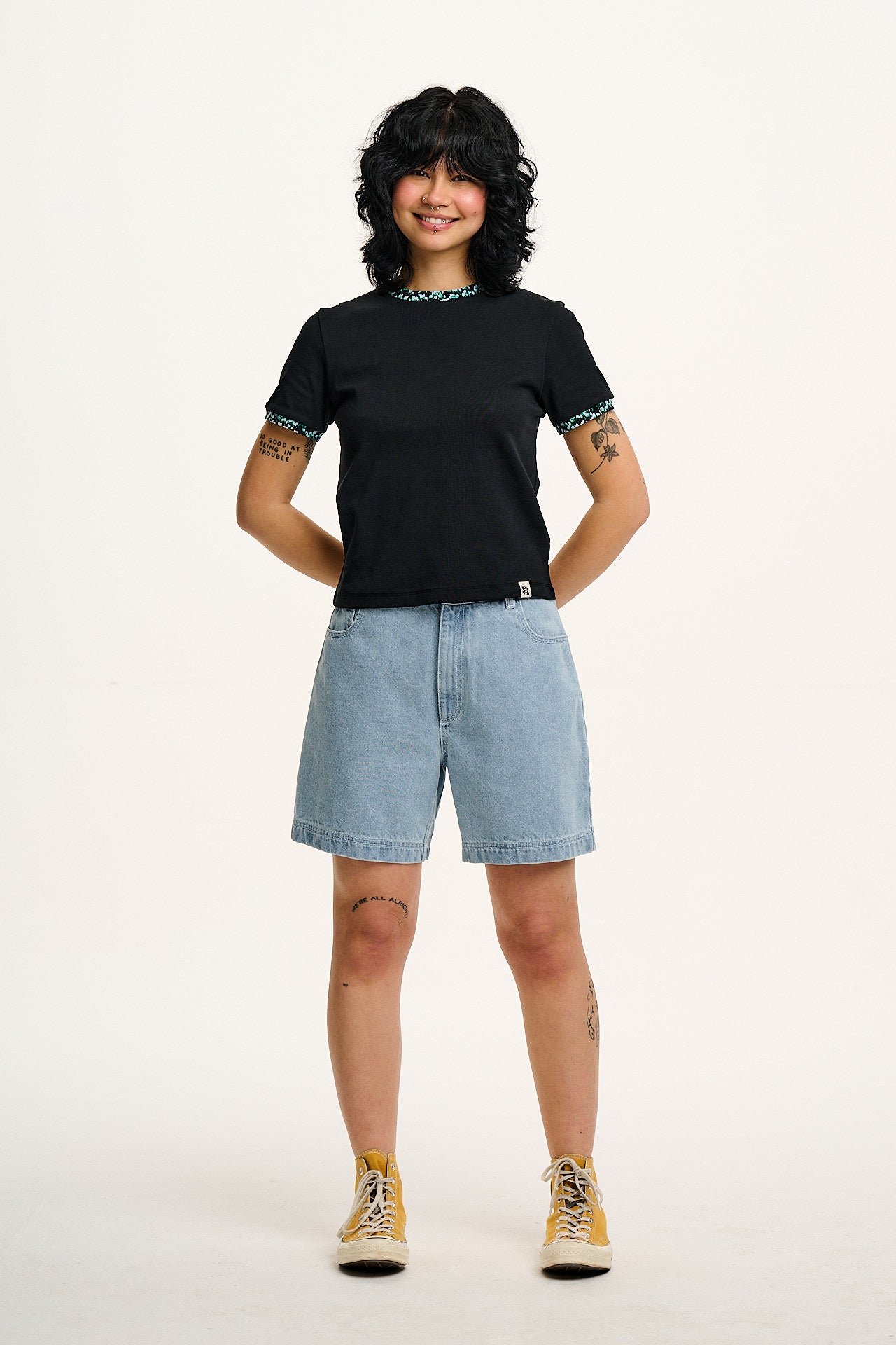 Maya - Cotton Tee in Black with Ditsy Floral Print - Image 6