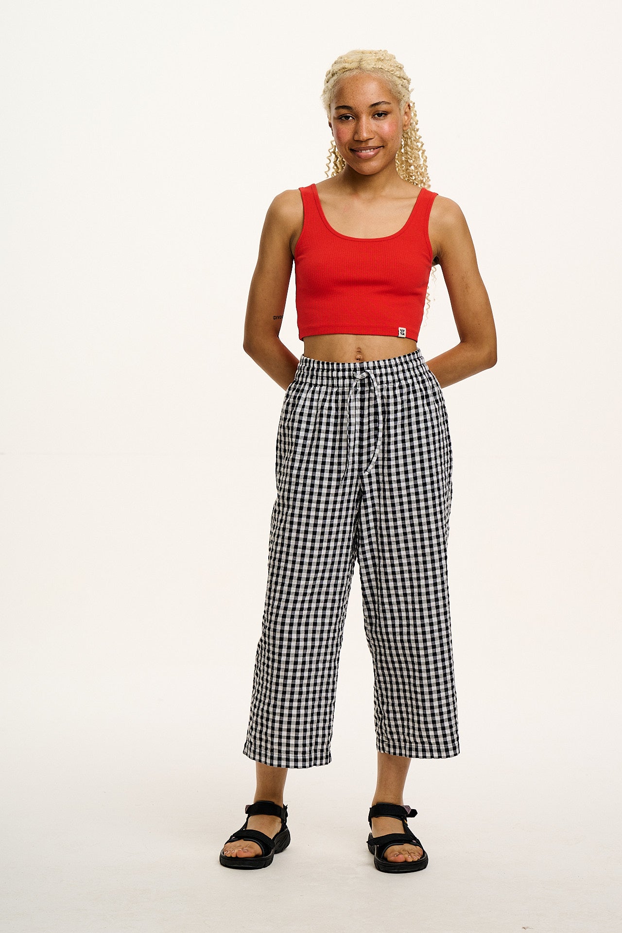 Chuck - Wide Leg Cotton Seersucker Trousers in Black & White Gingham - Image 6