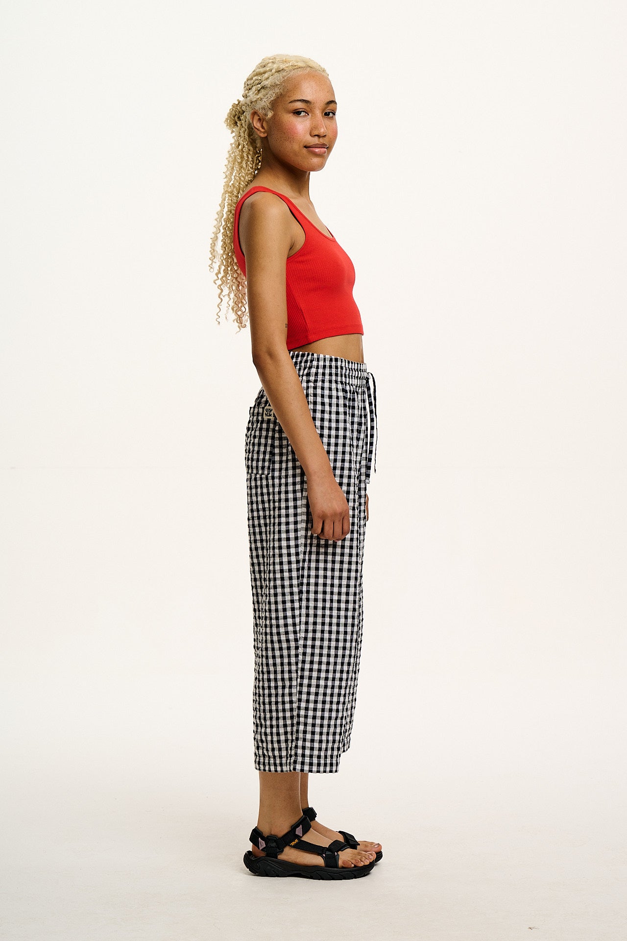 Chuck - Wide Leg Cotton Seersucker Trousers in Black & White Gingham - Image 7