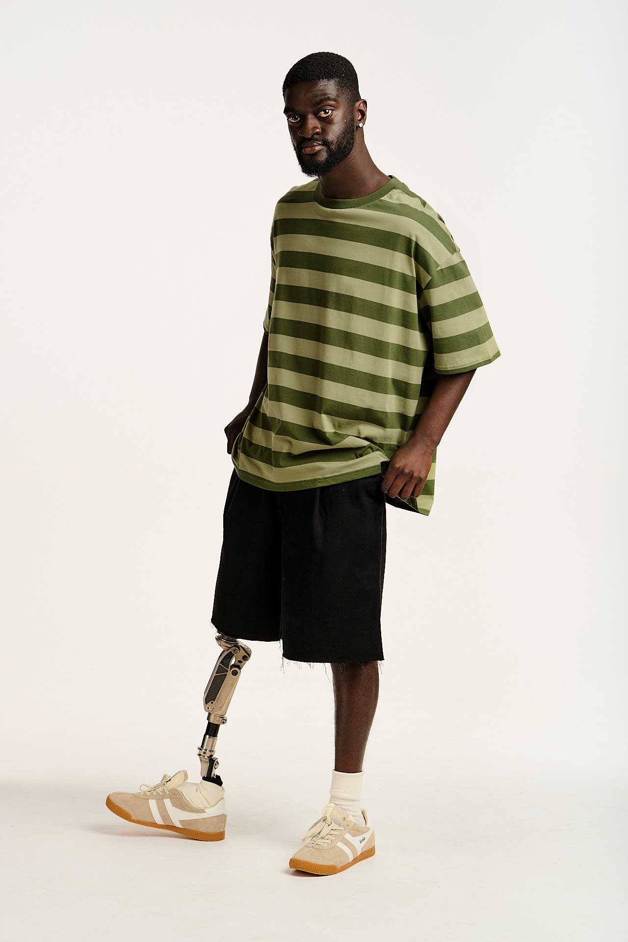 Benny - Oversized Cotton Tee in Green Stripe - Image 4