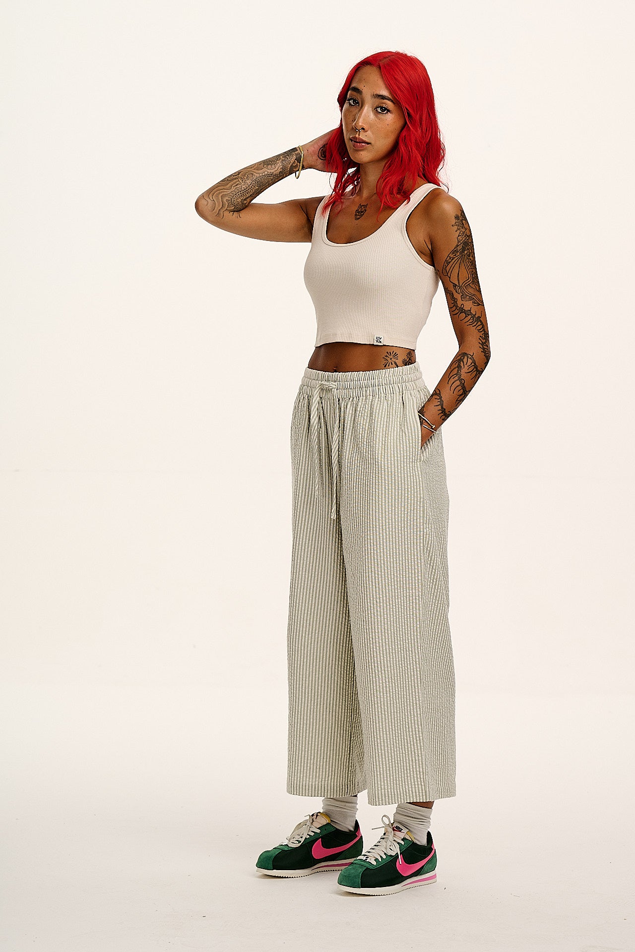 Chuck - Wide Leg Cotton Trousers in Green Stripe - Image 3