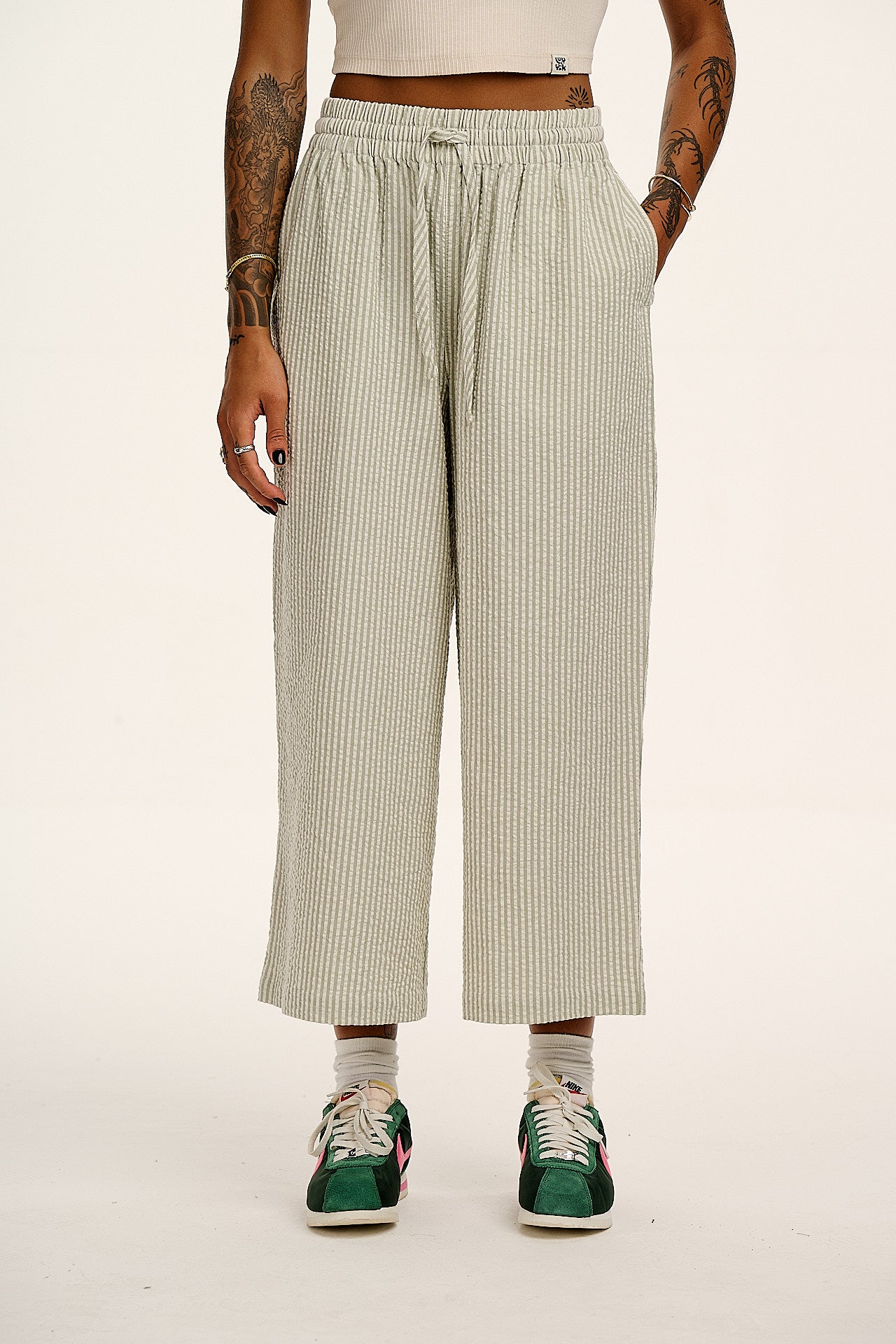 Chuck - Wide Leg Cotton Trousers in Green Stripe - Image 2