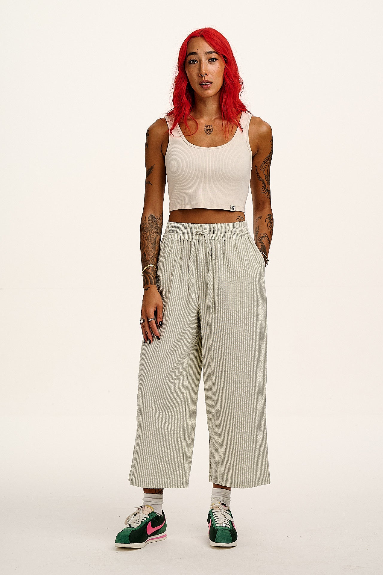 Chuck - Wide Leg Cotton Trousers in Green Stripe - Image 6