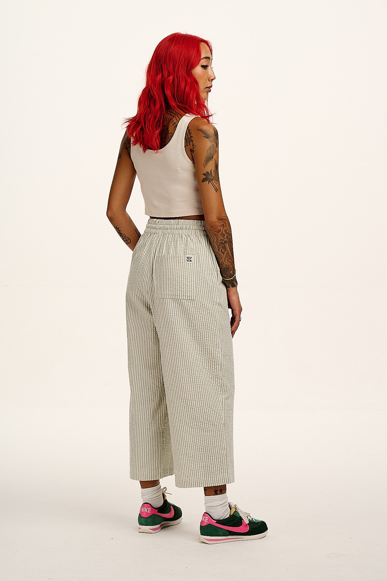 Chuck - Wide Leg Cotton Trousers in Green Stripe - Image 7