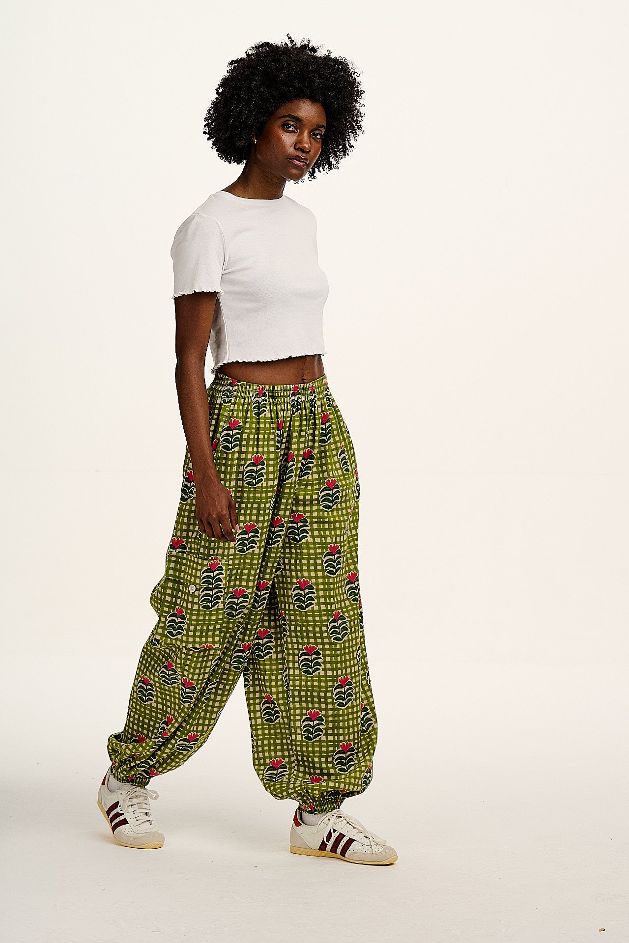 Rumi - Balloon Cotton & Linen Trousers in Blooming Green Checkerboard - Image 5