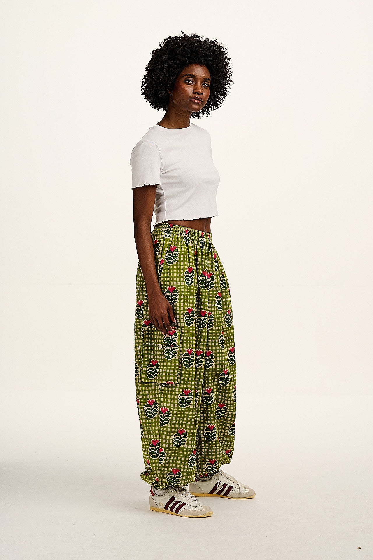 Rumi - Balloon Cotton & Linen Trousers in Blooming Green Checkerboard - Image 11