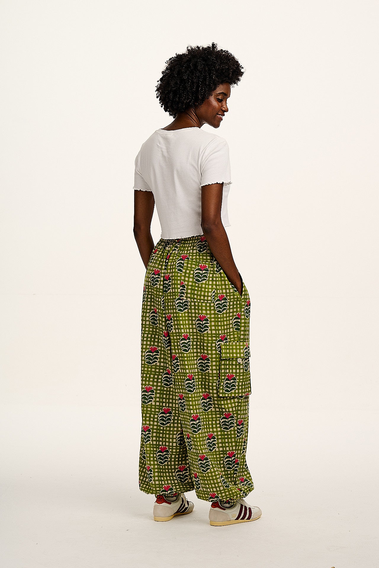 Rumi - Balloon Cotton & Linen Trousers in Blooming Green Checkerboard - Image 13