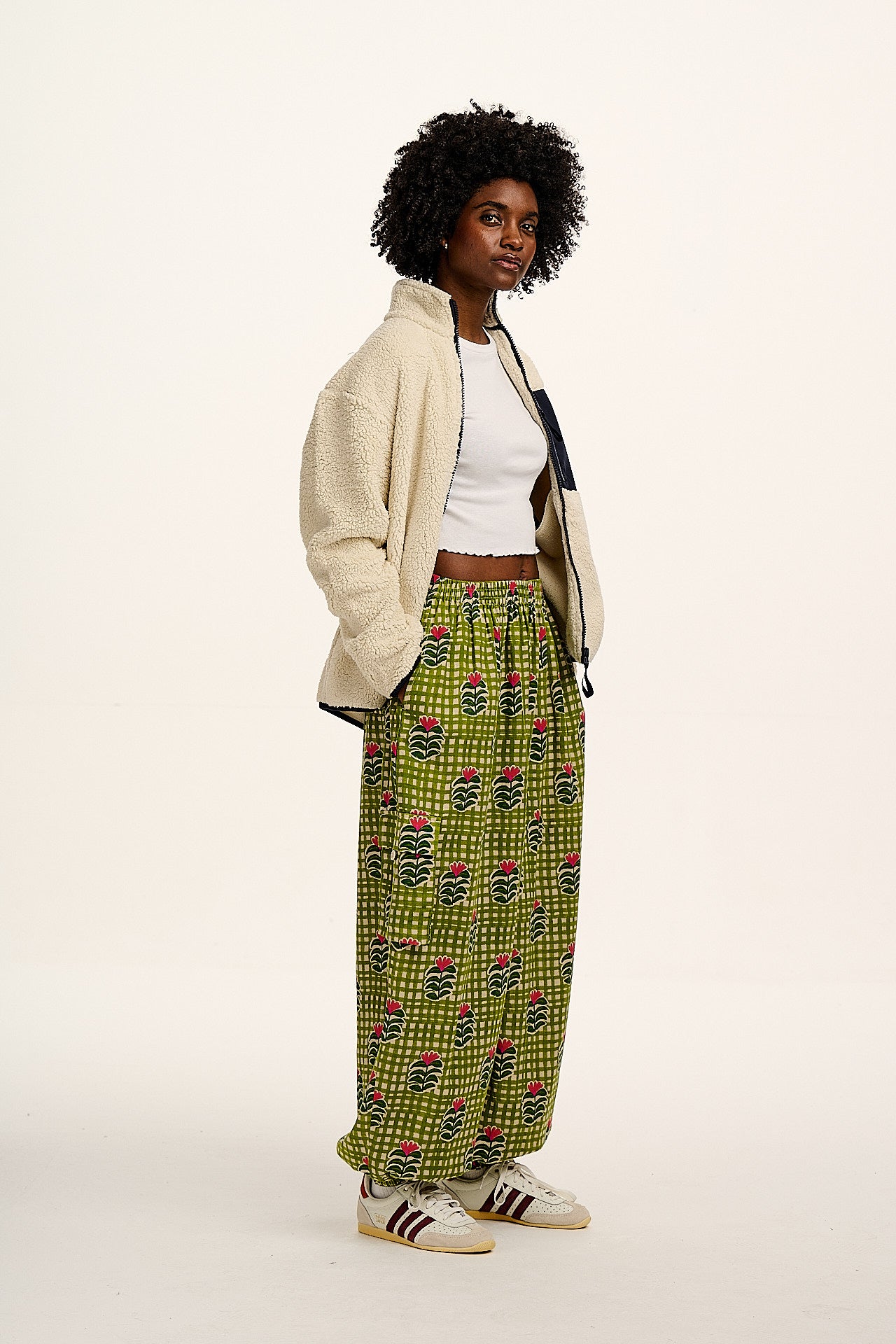 Rumi - Balloon Cotton & Linen Trousers in Blooming Green Checkerboard - Image 7