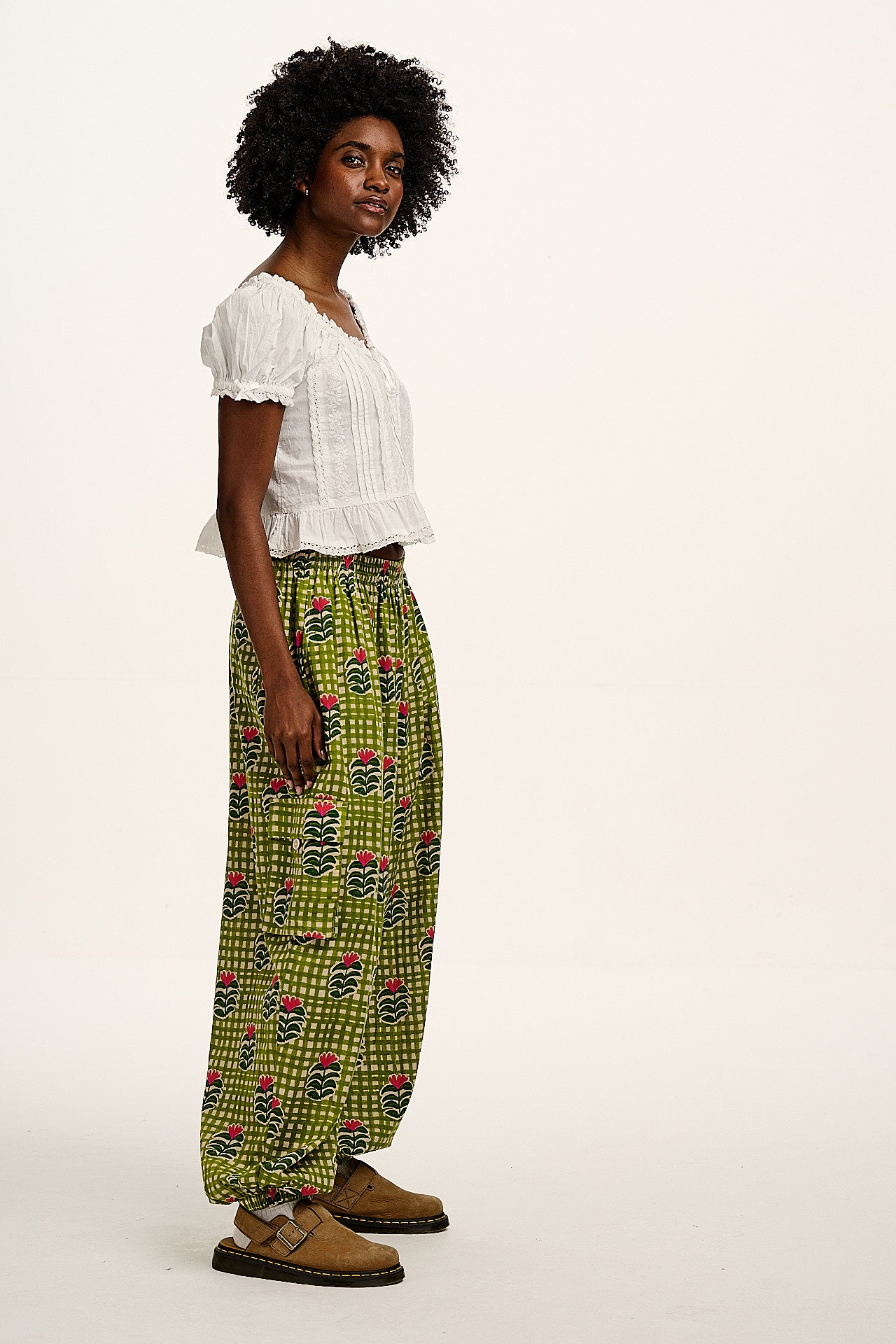 Rumi - Balloon Cotton & Linen Trousers in Blooming Green Checkerboard - Image 14