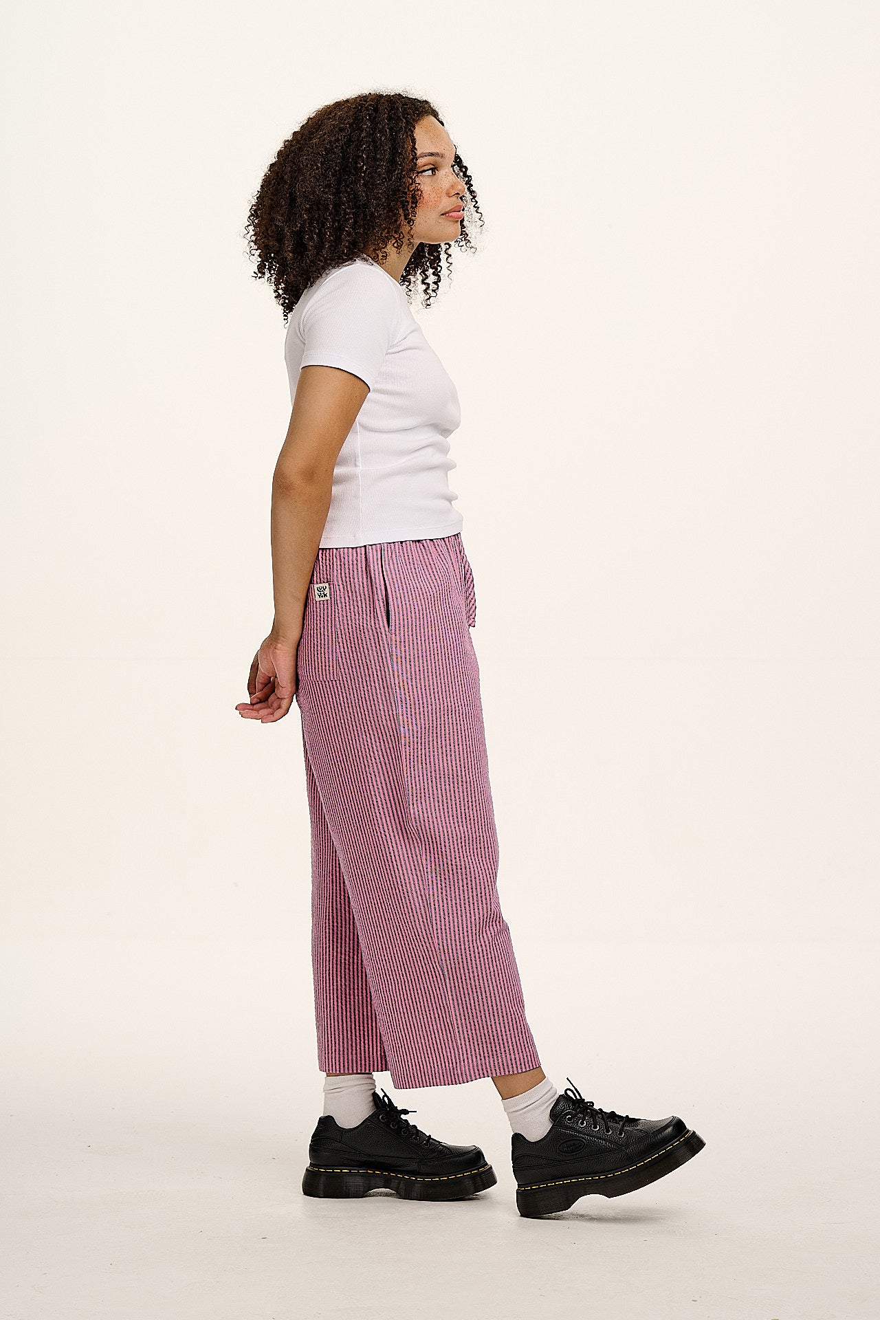 Chuck - Wide Leg Cotton Trousers in Pink & Blue Stripe - Image 10