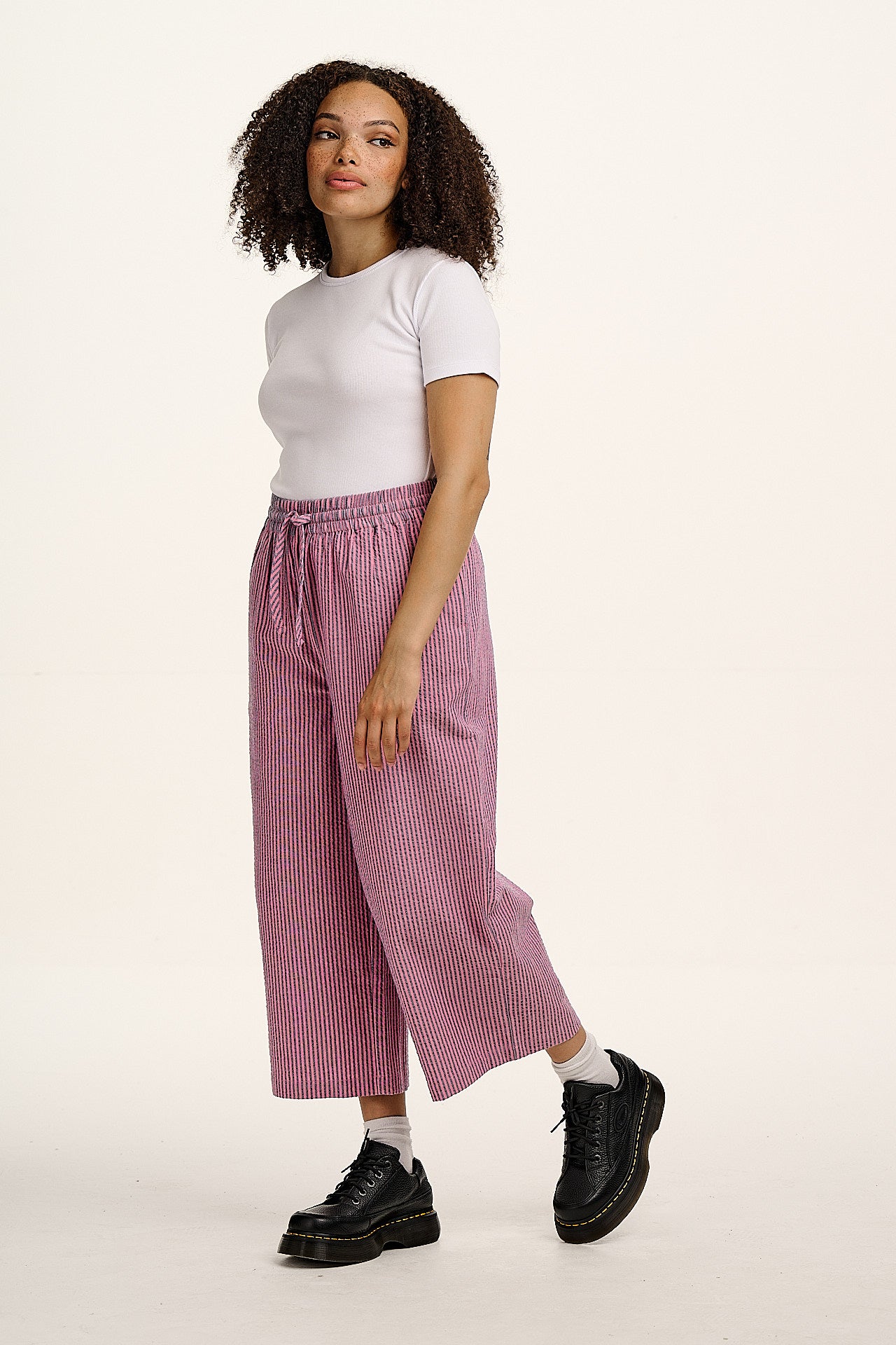 Chuck - Wide Leg Cotton Trousers in Pink & Blue Stripe - Image 5