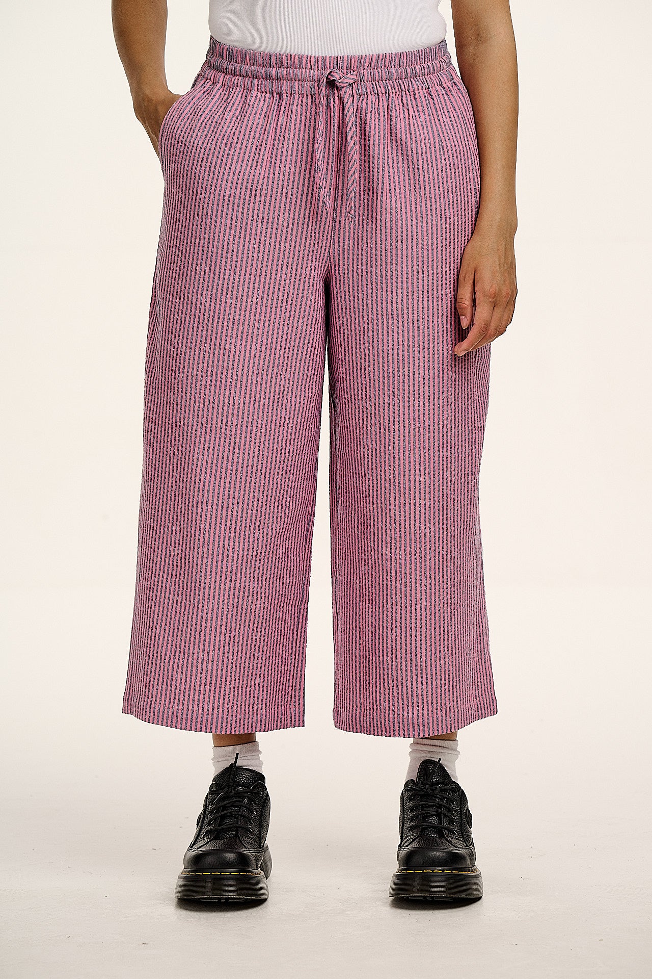 Chuck - Wide Leg Cotton Trousers in Pink & Blue Stripe - Image 2