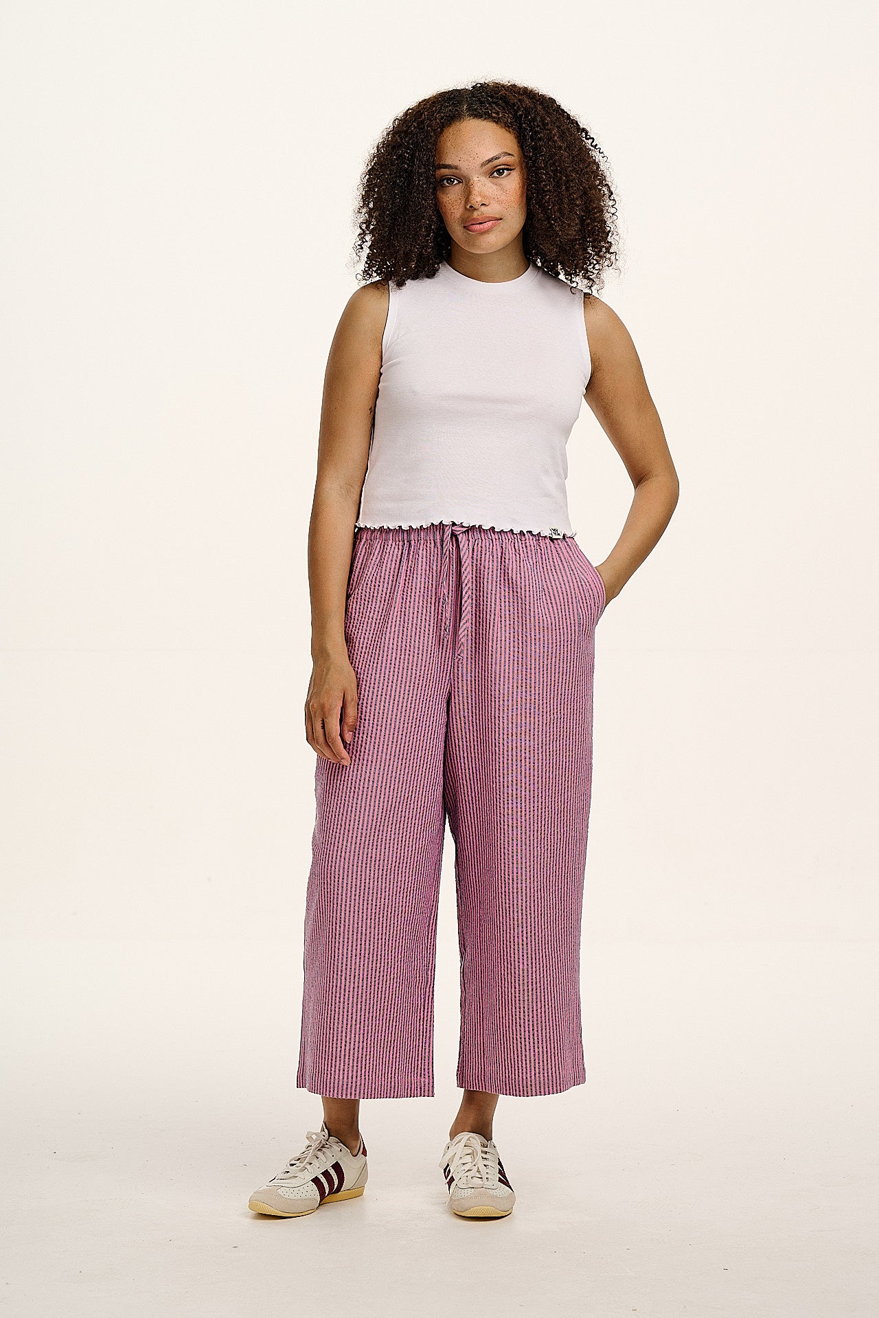 Chuck - Wide Leg Cotton Trousers in Pink & Blue Stripe - Image 9