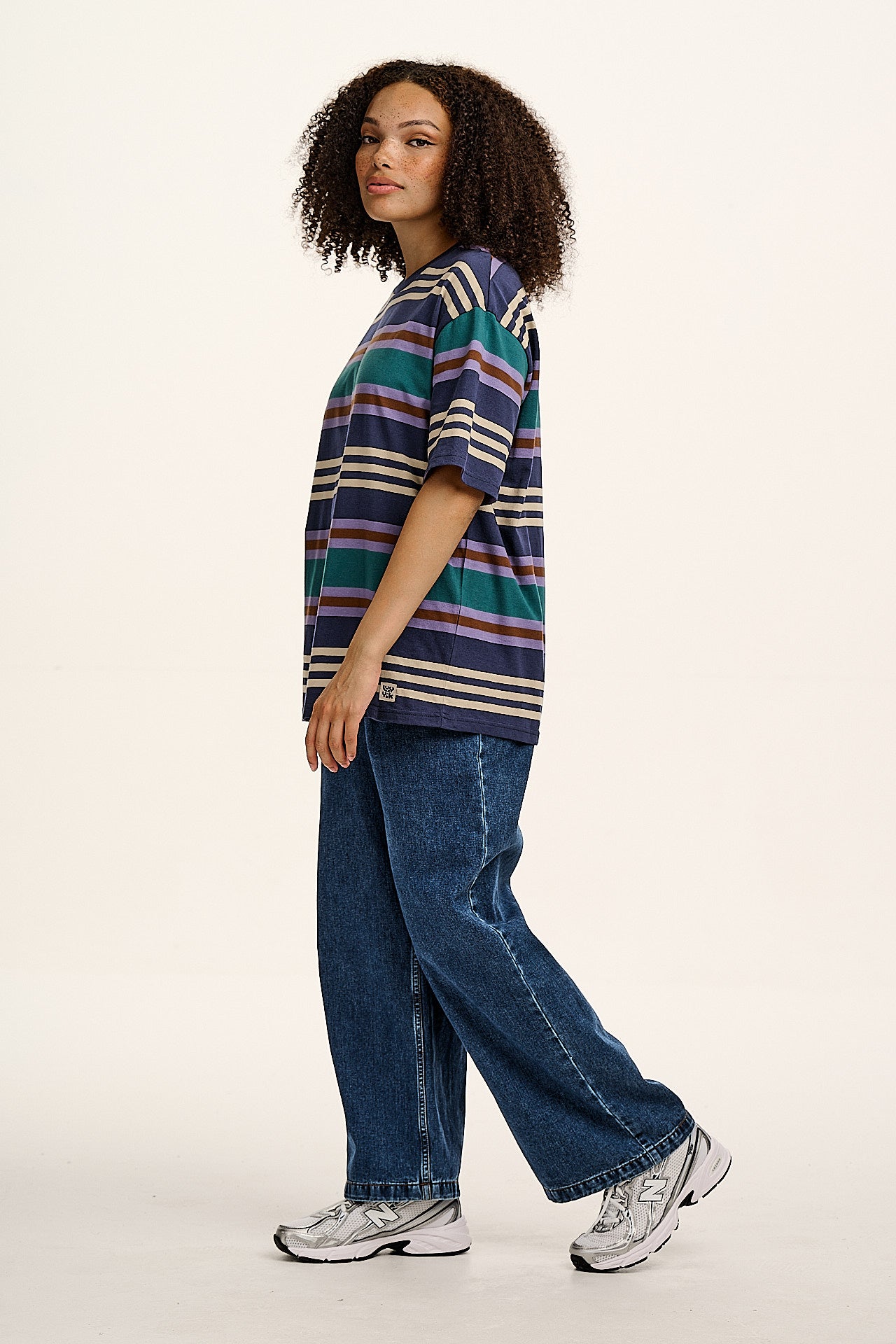 Benny - Oversized Cotton Tee in Blue Earthy Stripe - Image 2