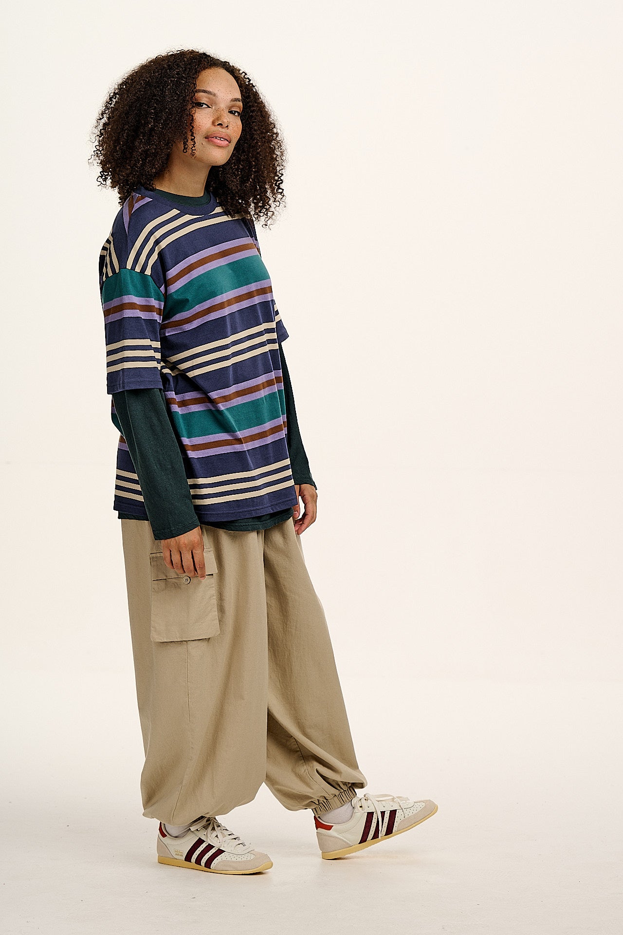 Benny - Oversized Cotton Tee in Blue Earthy Stripe - Image 5