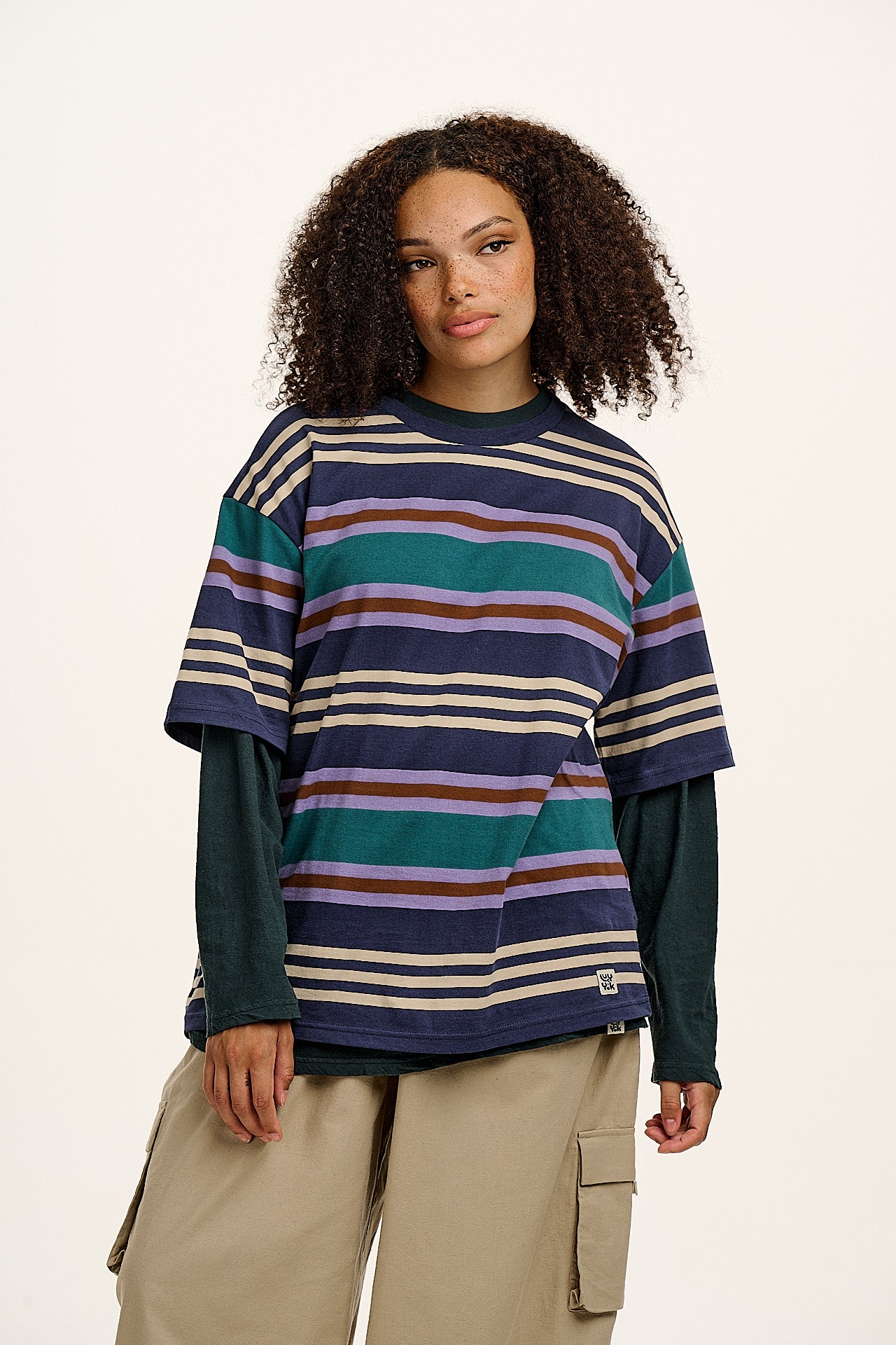 Benny - Oversized Cotton Tee in Blue Earthy Stripe - Image 4